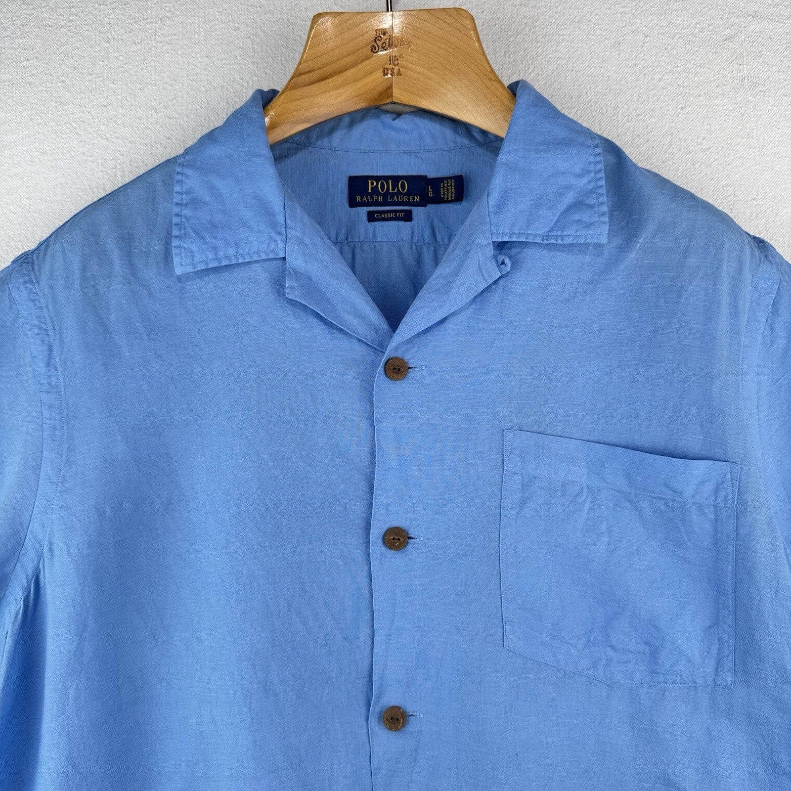 Polo Ralph Lauren Men's L Classic Fit Camp Linen Blend Loop Collar Shirt Blue