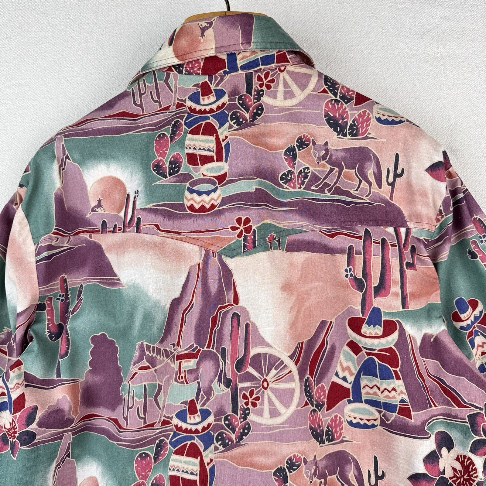 Vintage Southwestern Desert Cowboy Cactus Pearl Snap Shirt Purple Green XL 46”