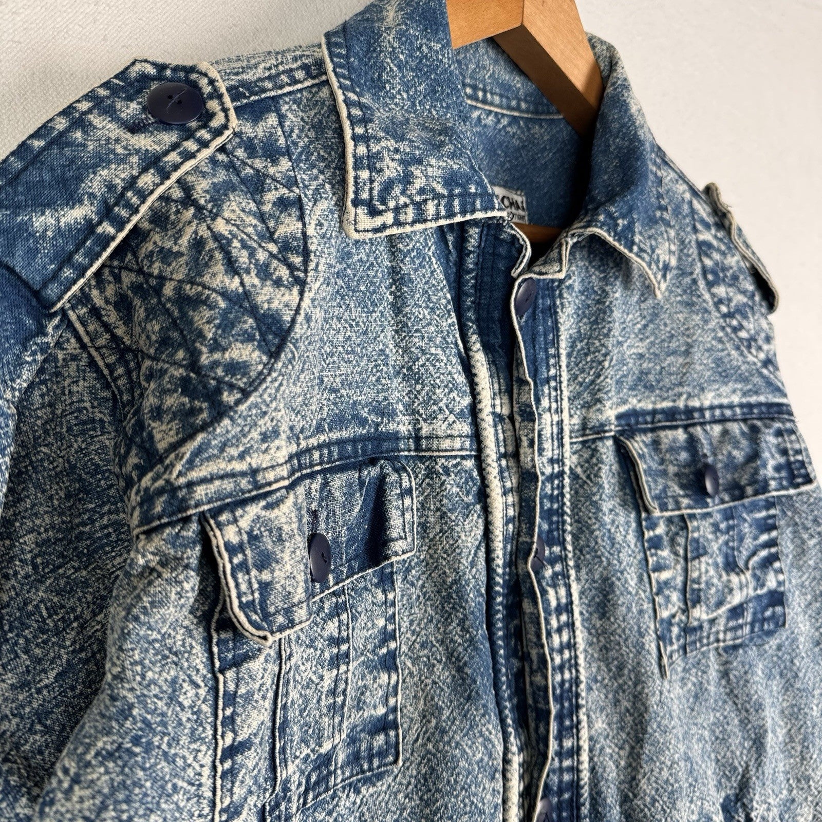 Vintage 80’s Chai Denim Jacket Unisex Medium Acid Wash Quilted Shoulders Straps