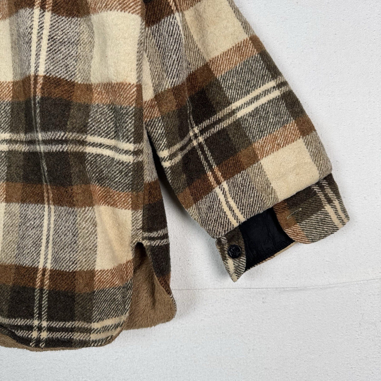 Vintage 70s CPO by Spiegel Mens Large Wool Blend Plaid Jacket Shacket Brown
