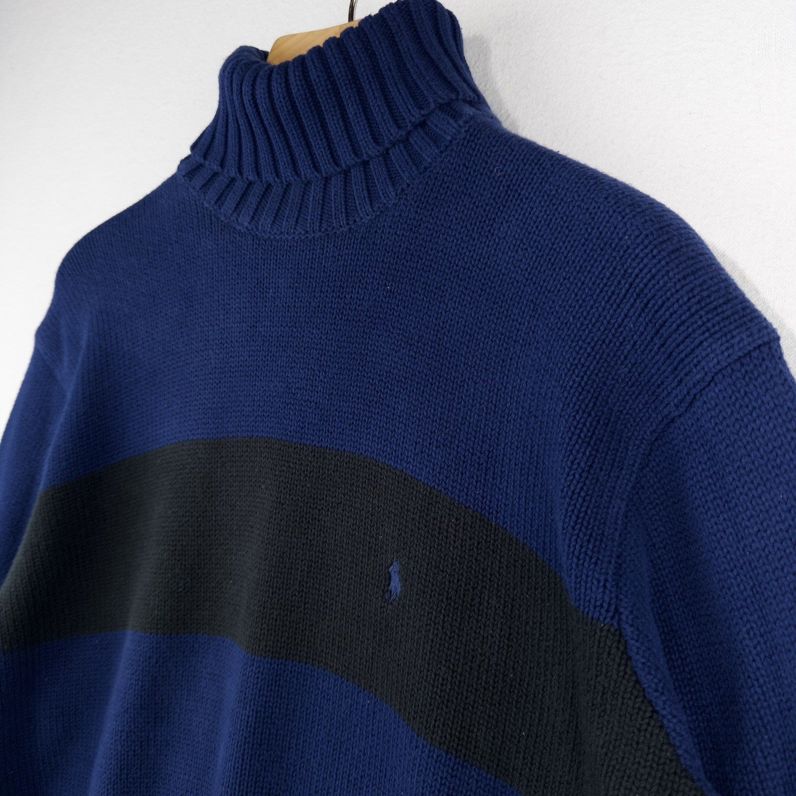 90’s Vtg Polo Ralph Lauren Turtleneck Cotton Sweater Men M Blue Black Stripe
