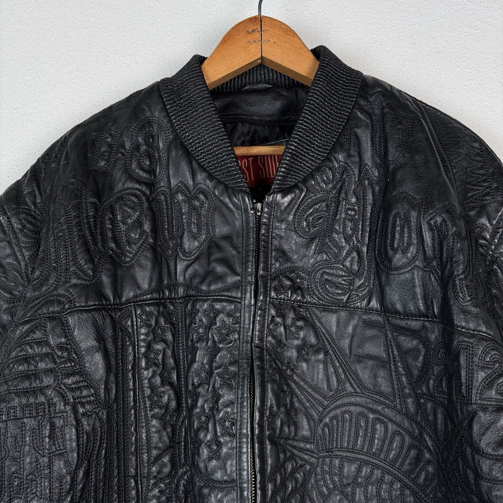Vtg East Side Outerwear NYC Embroidered Leather Bomber Jacket Men’s  XL -Read*