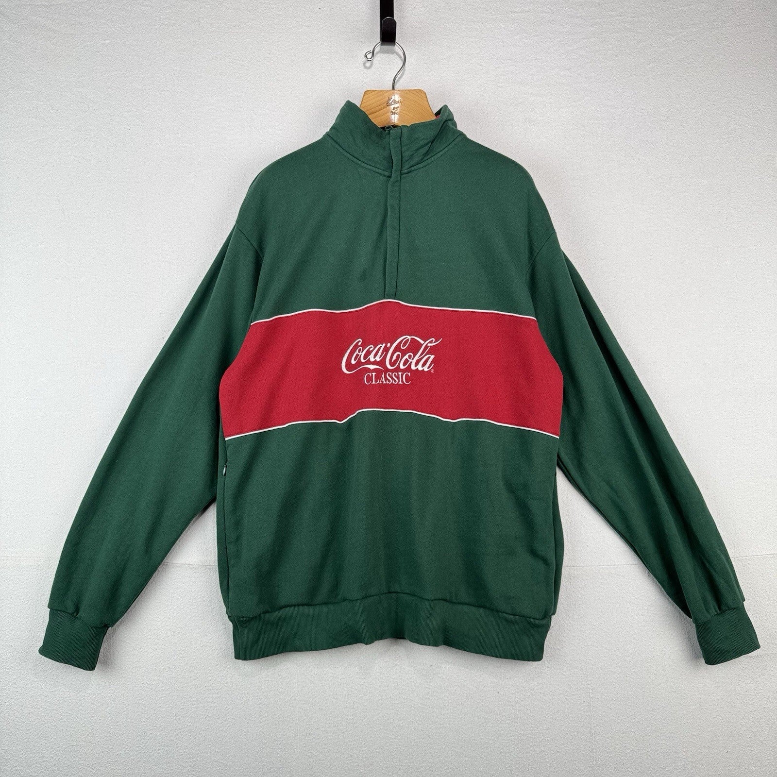Coca-Cola 1/4 Zip Men's XL Green Red Embroidered Fleece Sweatshirt *Read