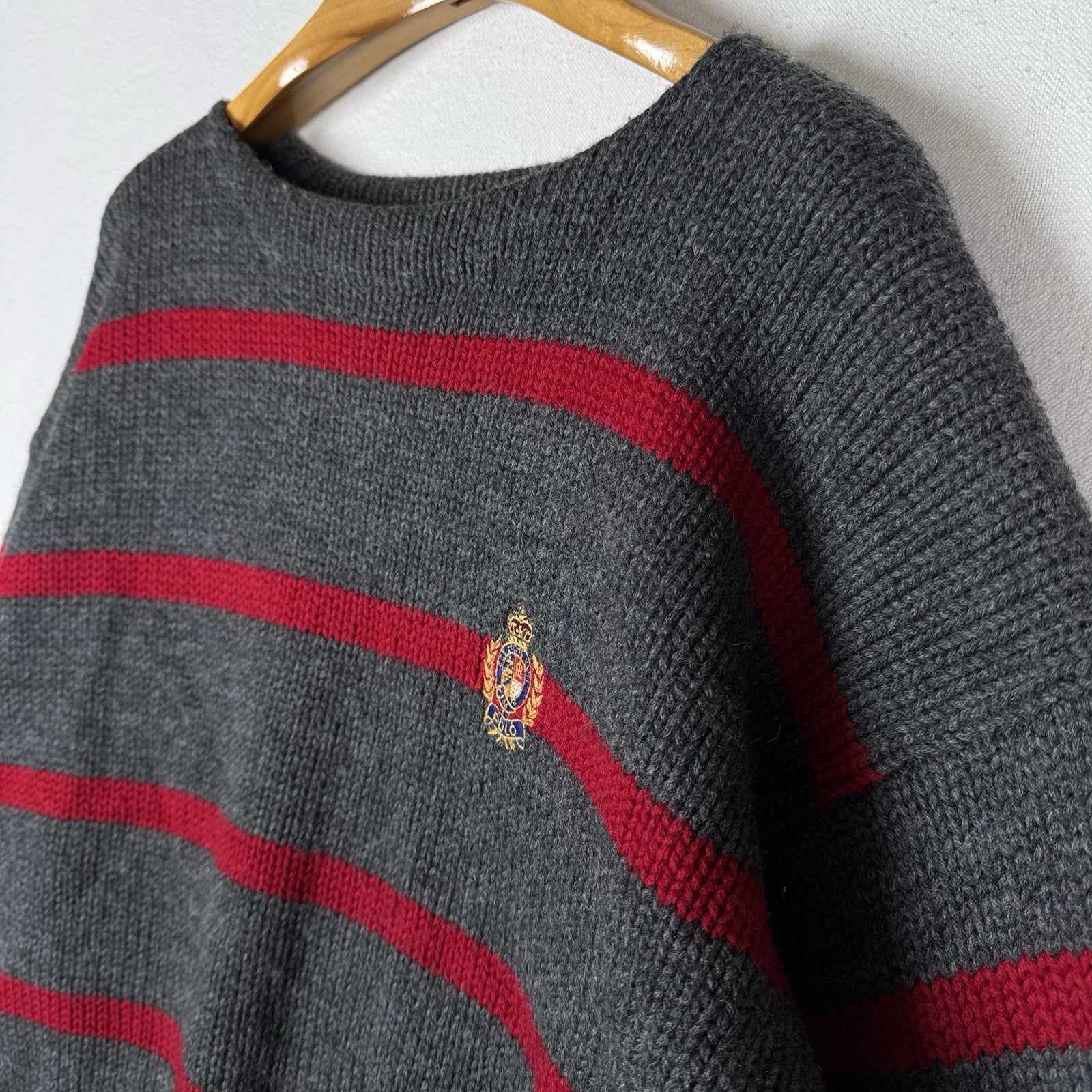 90’s Vtg Polo Ralph Lauren Striped Boat Neck Wool Knit Sweater Gray Red Crest XL