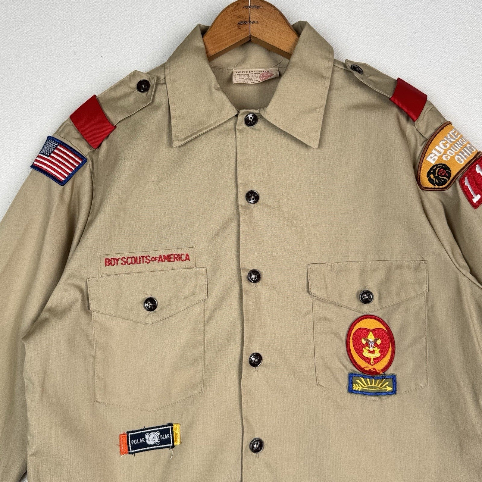 Vtg BSA Boy Scouts Uniform Shirt Men M Tan Long Sleeve Patches Made USA Buckeye
