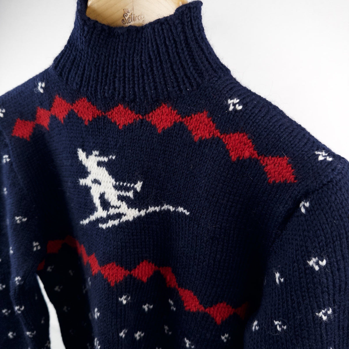 50’s Vtg Hand Knit Apres Ski Sweater Skier Blue Red Birds Eye Women’s S