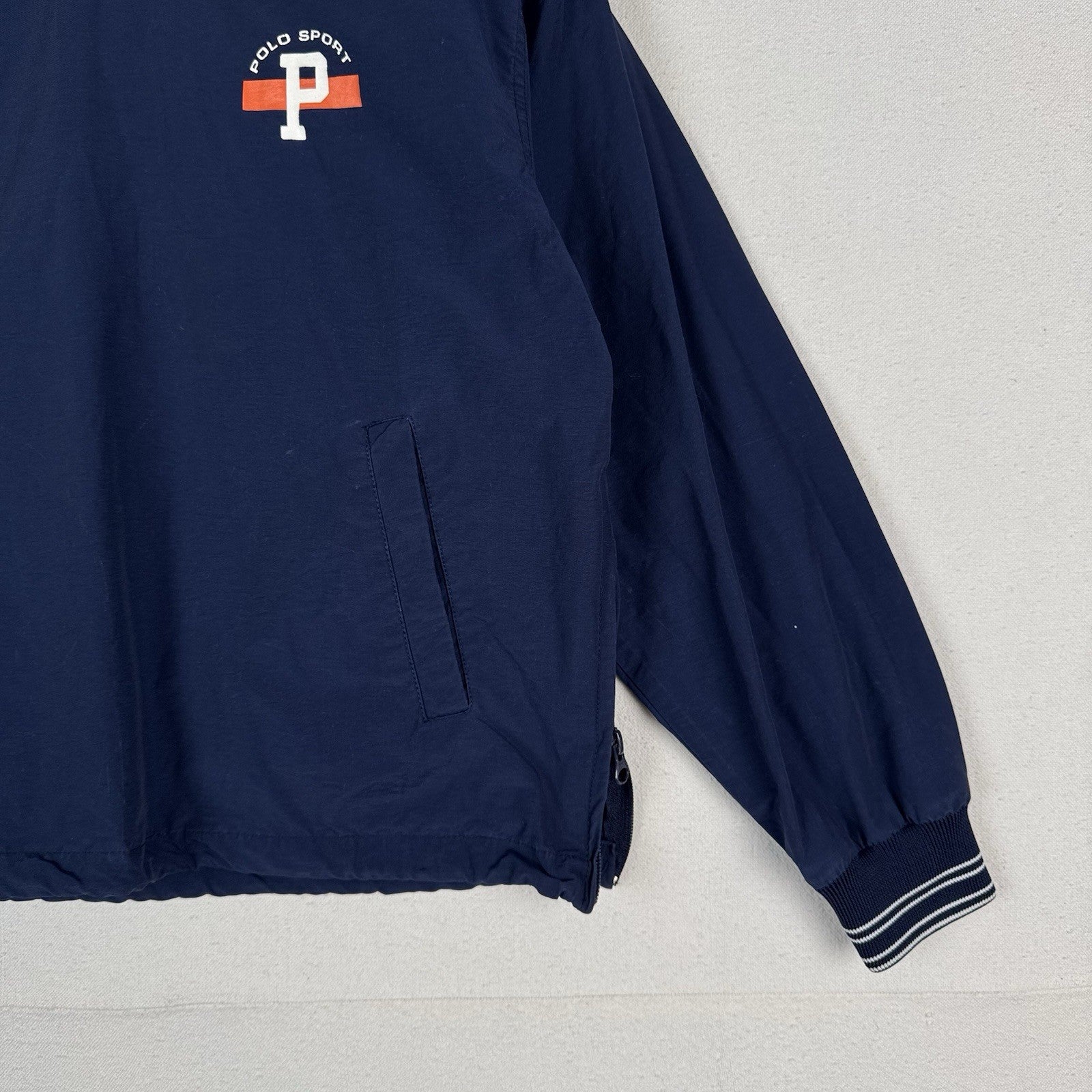 Vtg 90’s Polo Sport Ralph Lauren Blue Flag Spellout Windbreaker Pullover Large