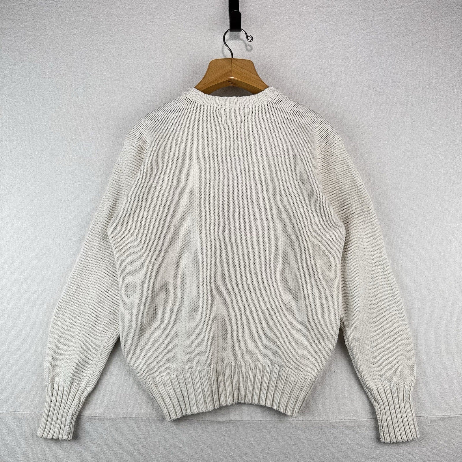 90s Vtg Polo Ralph Lauren Sweater Men's M Cream 100% Cotton V-Neck Navy Pony