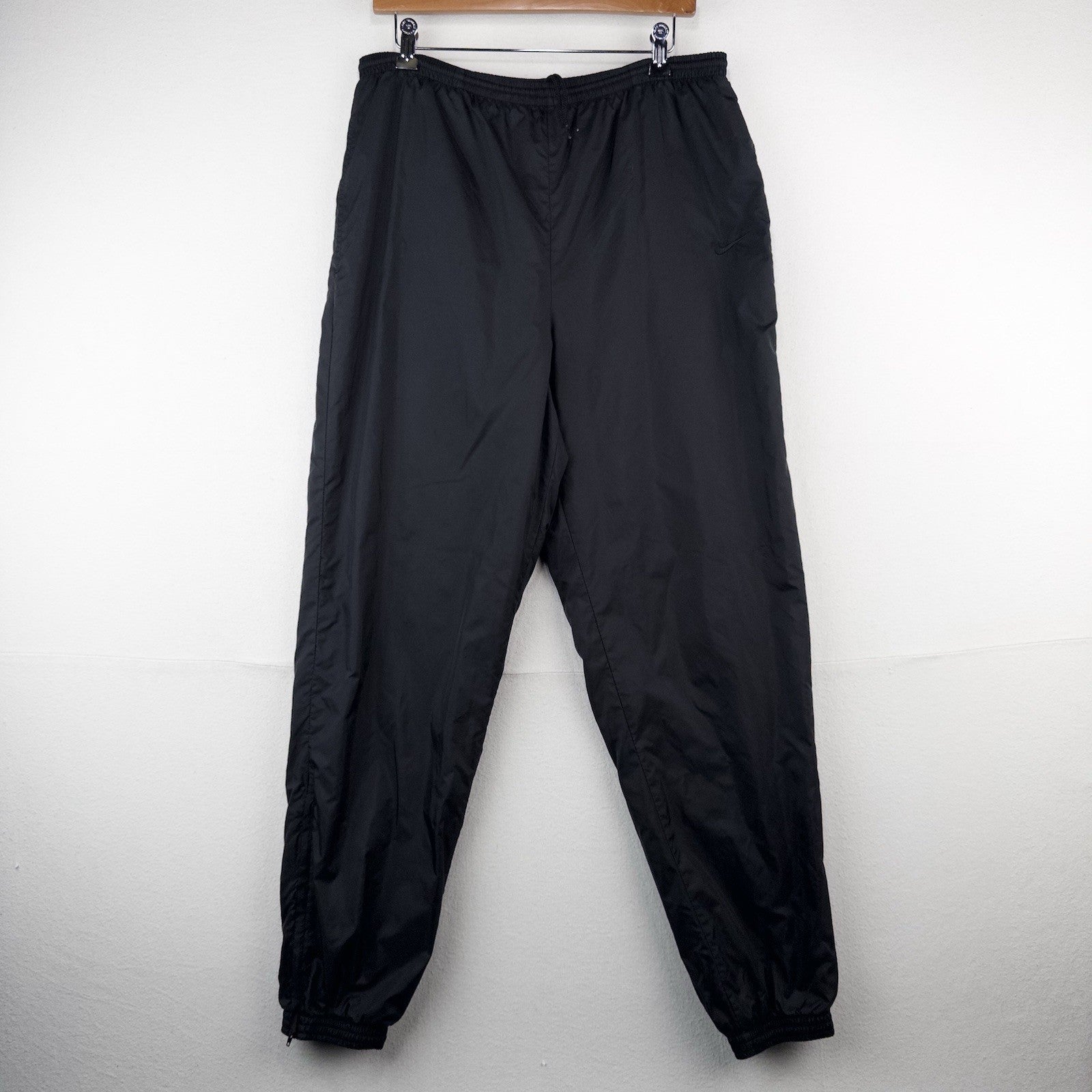 90s Vtg Nike Nylon Jogger Pants Men’s Large Black Drawstring Lined Zip Ankle