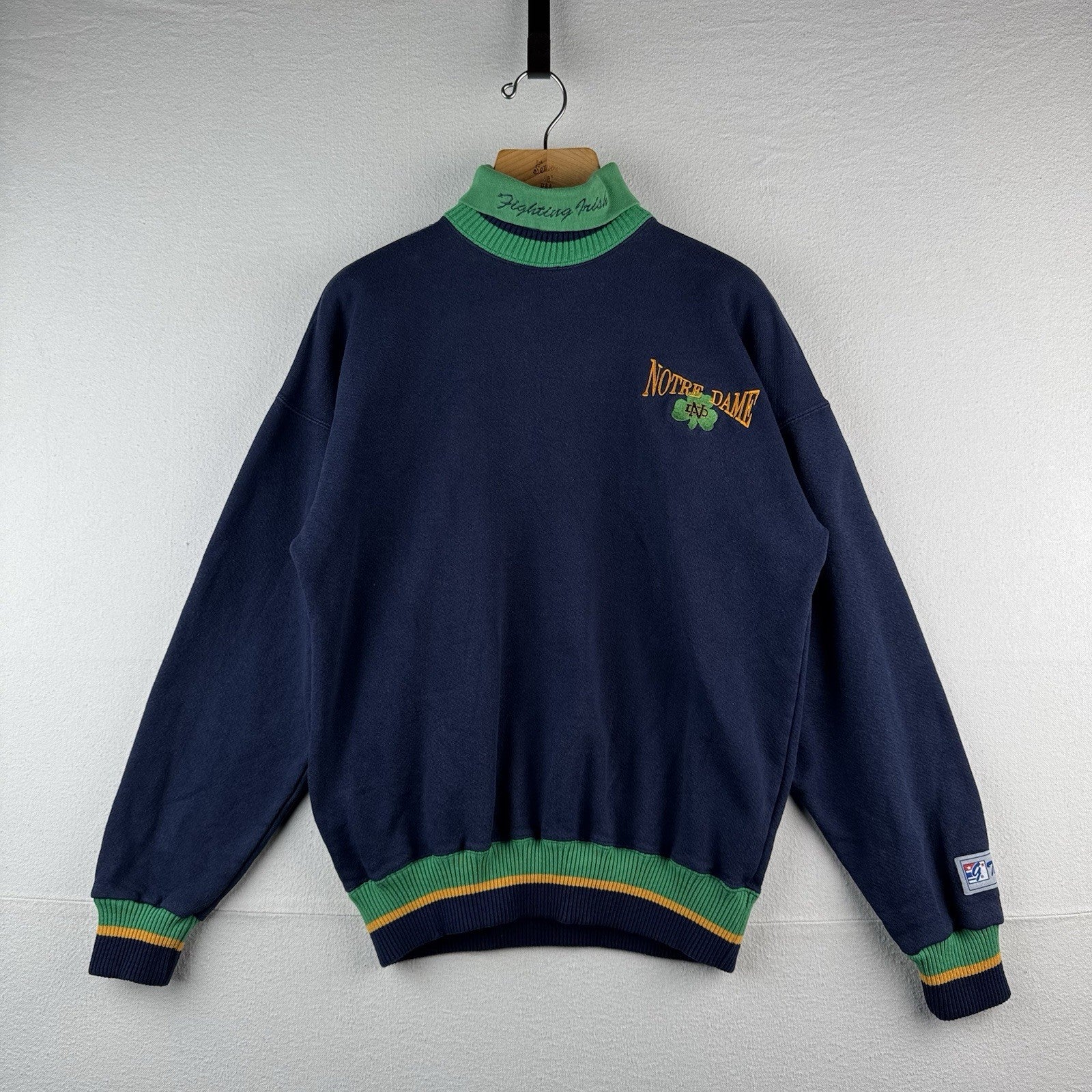 90’s Vintage Notre Dame Fighting Irish Sweatshirt Mens L Blue Green Mock Neck