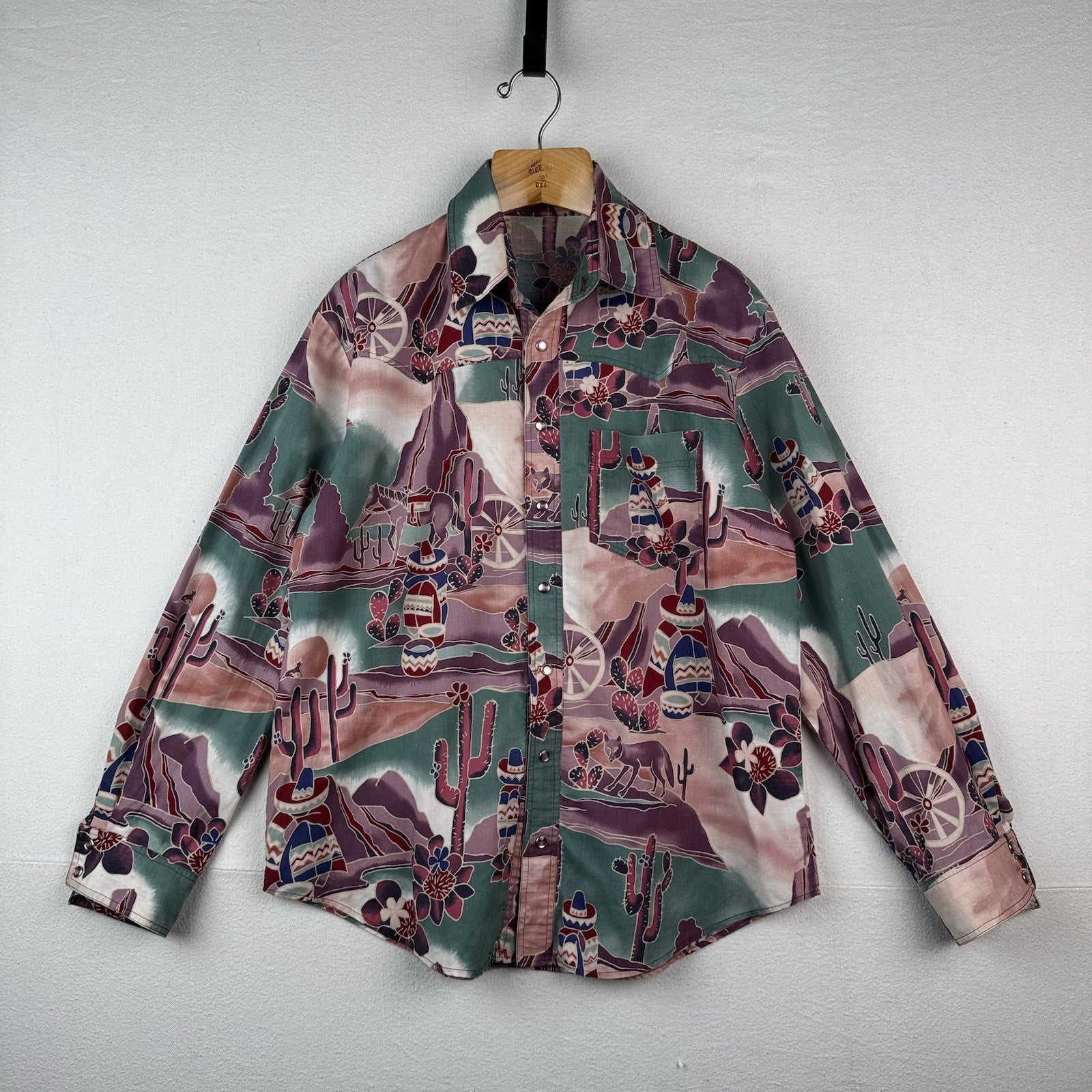 Vintage Southwestern Desert Cowboy Cactus Pearl Snap Shirt Purple Green XL 46”