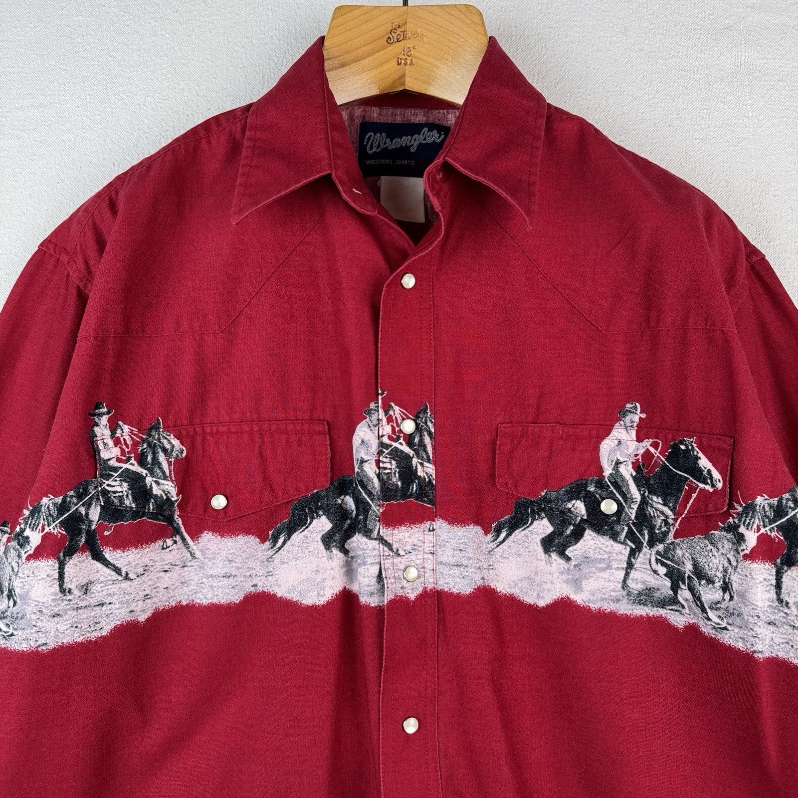 Vtg Wrangler Western Cowboy Print Graphic Pearl Snap Button Shirt Horses XL 46”