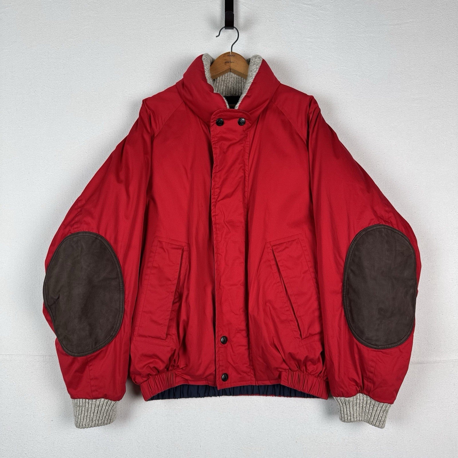 90s Nautica Mens XL Down Puffer Bomber Jacket Leather Patches Red Sweater Collar