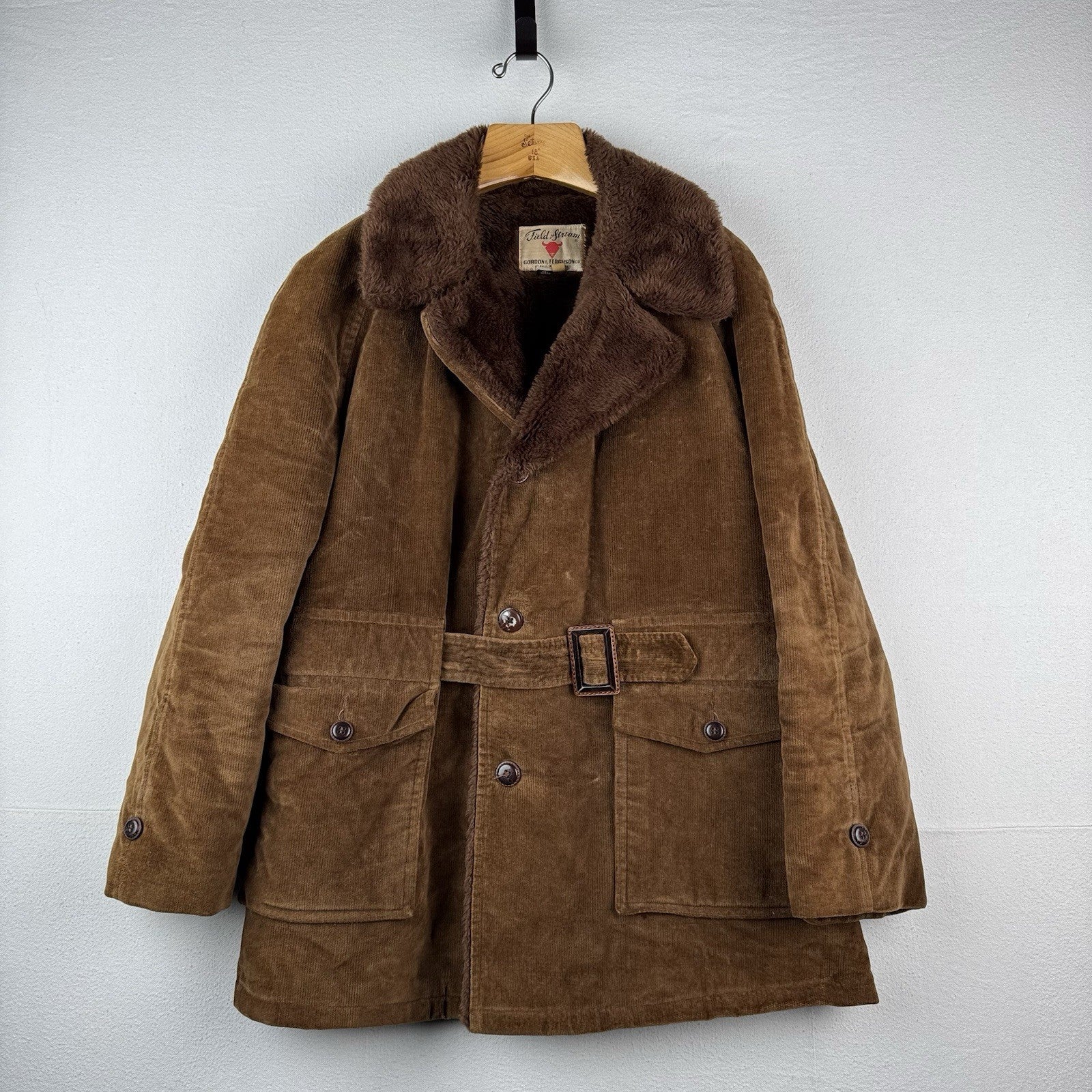 60’s 70’s Vtg Gordon Ferguson Field & Stream Mens 46 Corduroy Belted Overcoat
