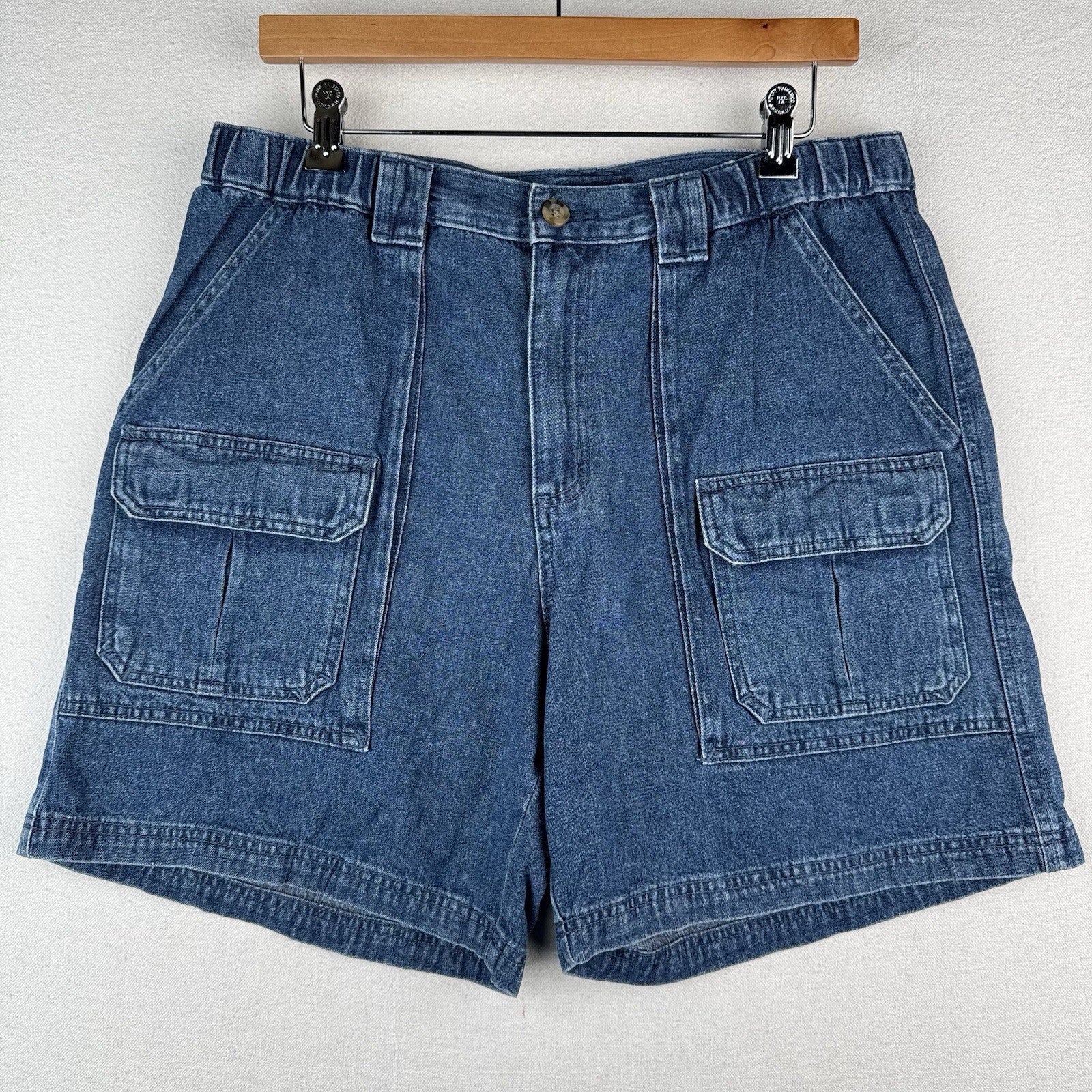 Vtg Croft & Barrow Denim Cargo Safari Pocket Shorts Mens 34x6 Blue Elastic Waist