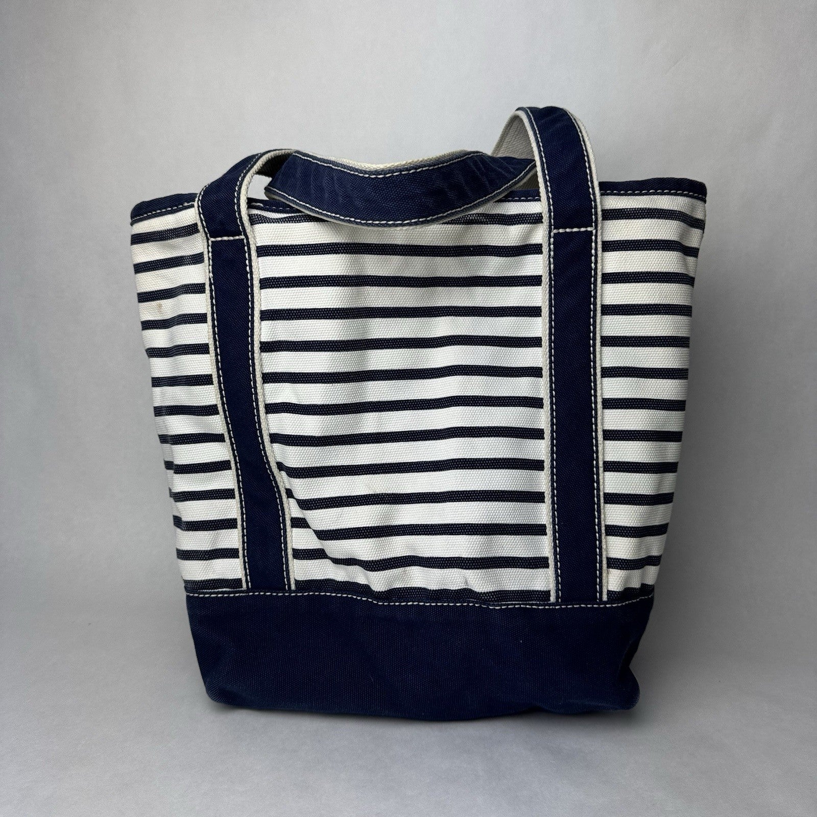 Lands’ End Canvas Large Blue and Natural Tan Striped Tote Beach Bag 15”x7”x12”