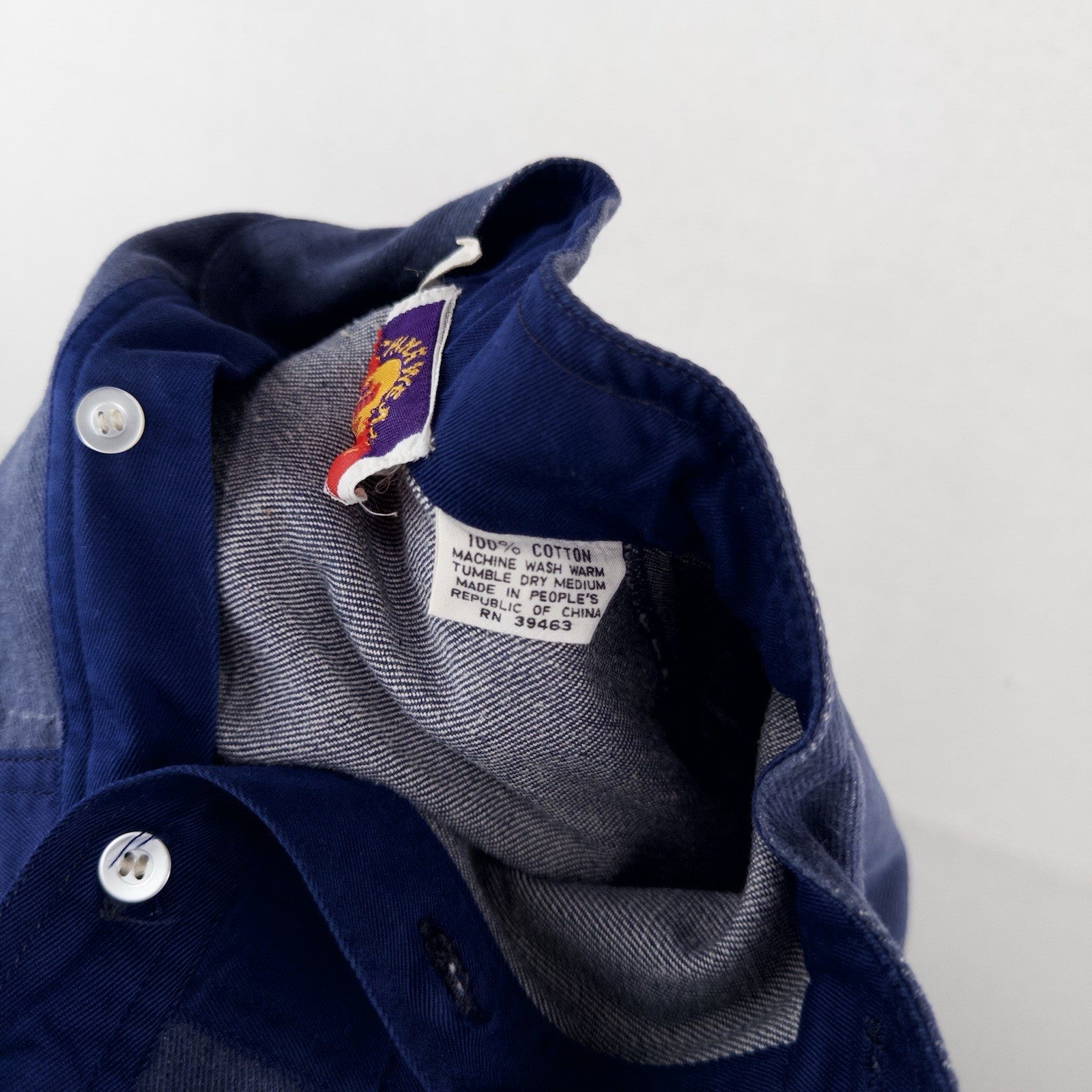 80’s Vtg Chinawear Popover Indigo Denim Work Shirt Long Sleeve Unisex Small (34)