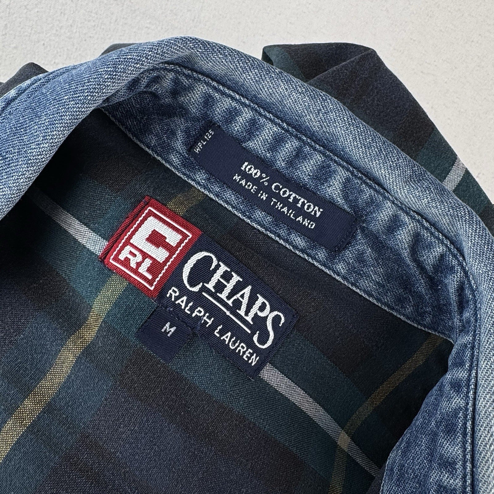 90’s Vtg Chaps Ralph Lauren Men’s M Blue Tartan Plaid Denim Collar Shirt