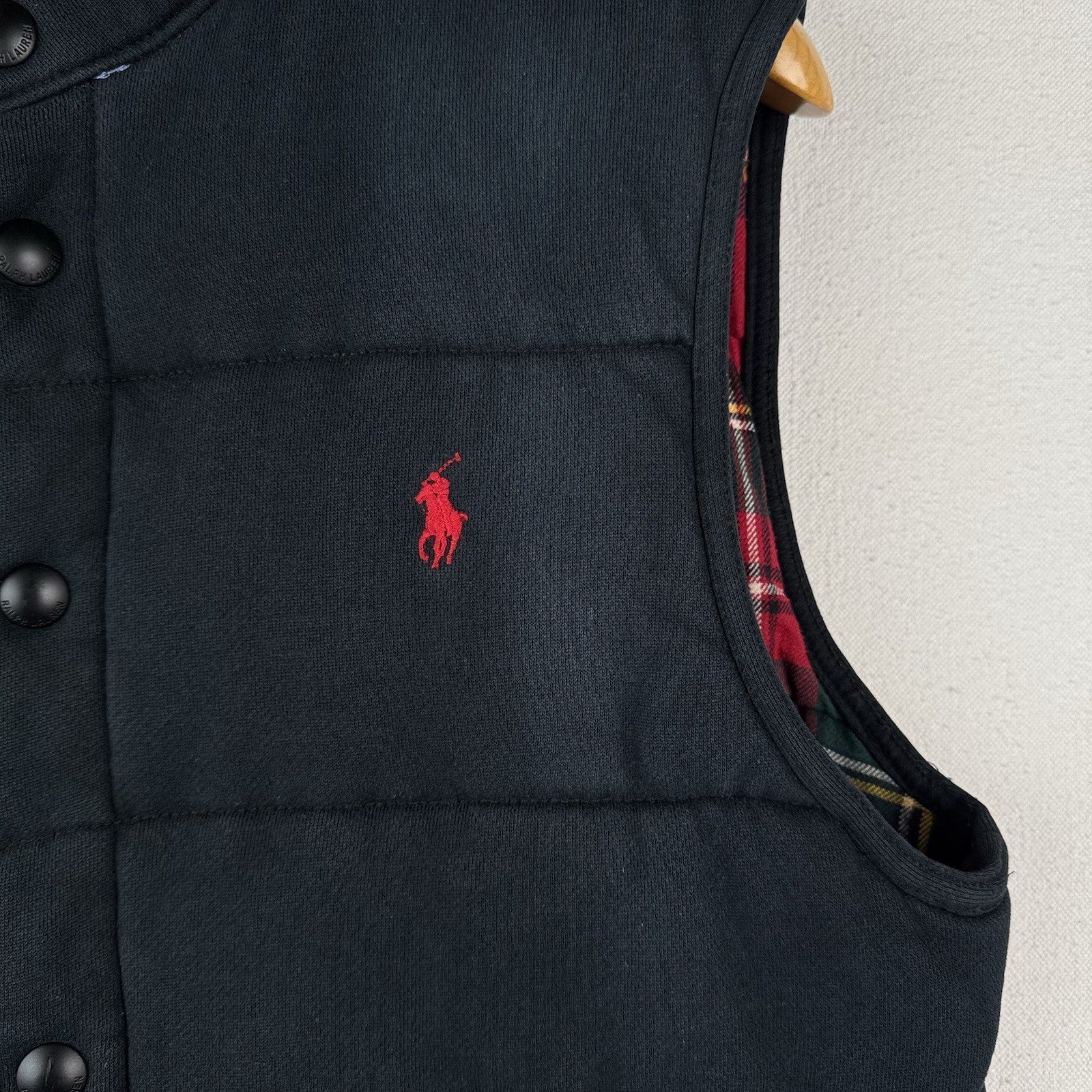 Vtg Polo Ralph Lauren Men M Black Quilted Puffer Vest Flannel Lining *Distressed