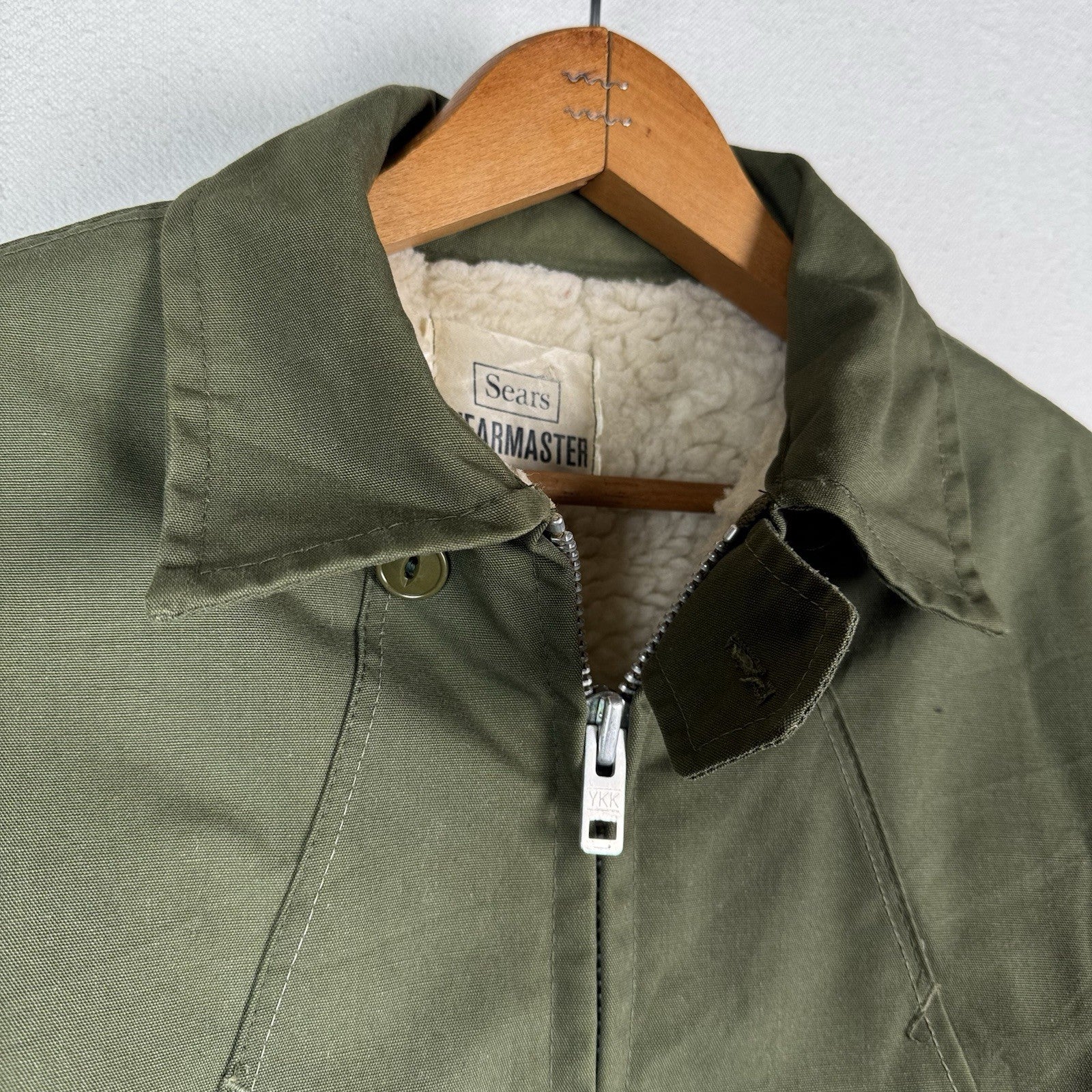 Vintage 60s 70s Sears Wearmaster Green Military Car Coat Parka Fits Chest 42”