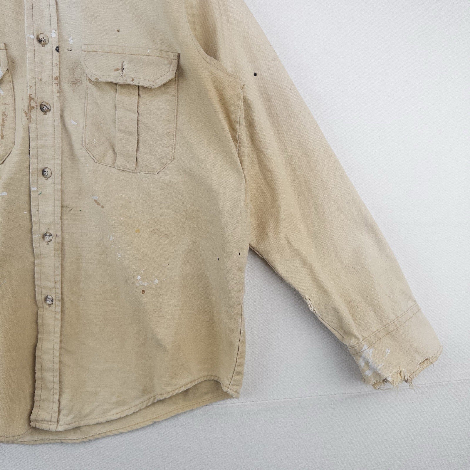70’s Vtg Sportsman's Guide Shirt Mens L Heavy Cotton Tan Long Sleeve *Distressed