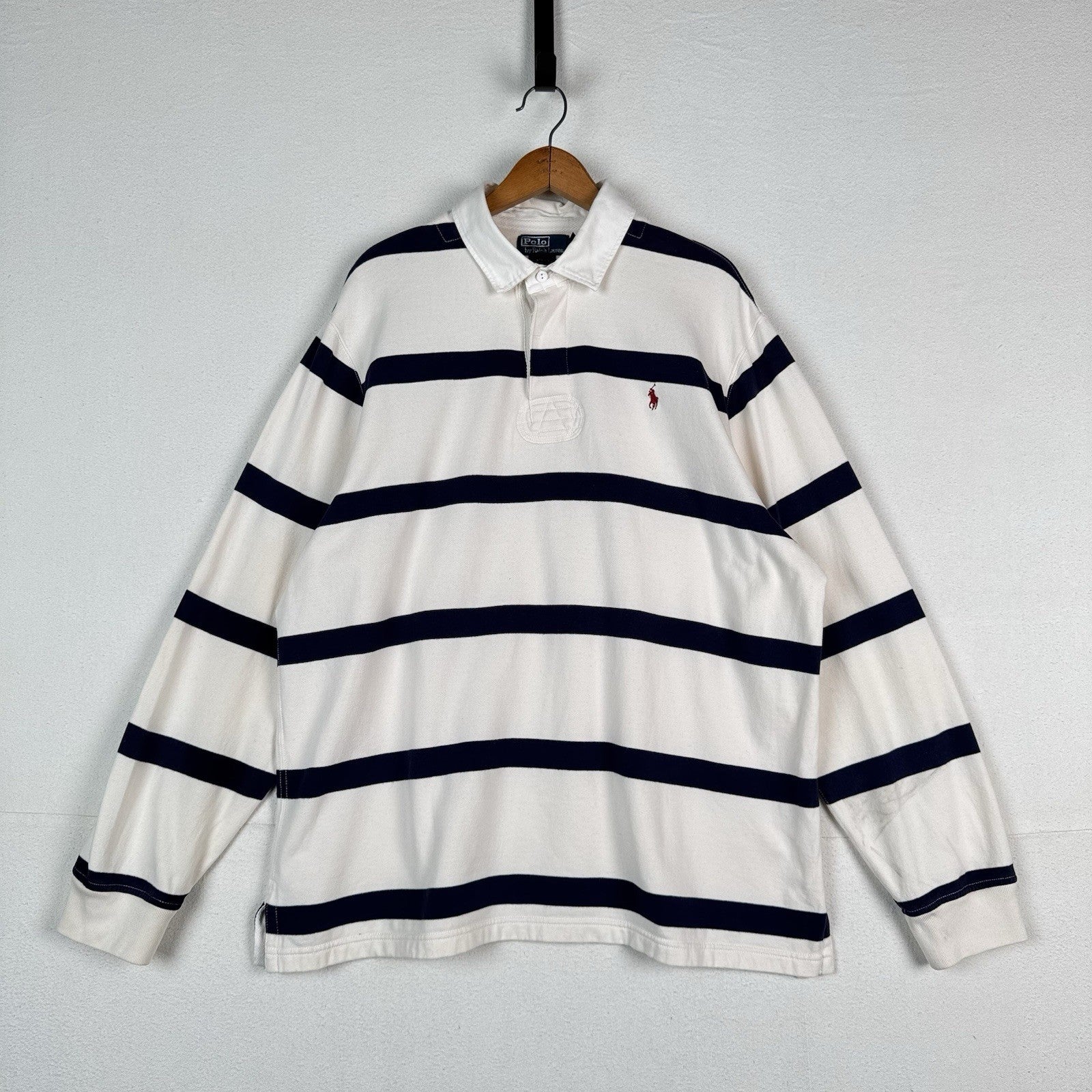 Vtg Polo Ralph Lauren Rugby Polo Shirt Men's XXL Custom Fit White Blue Striped