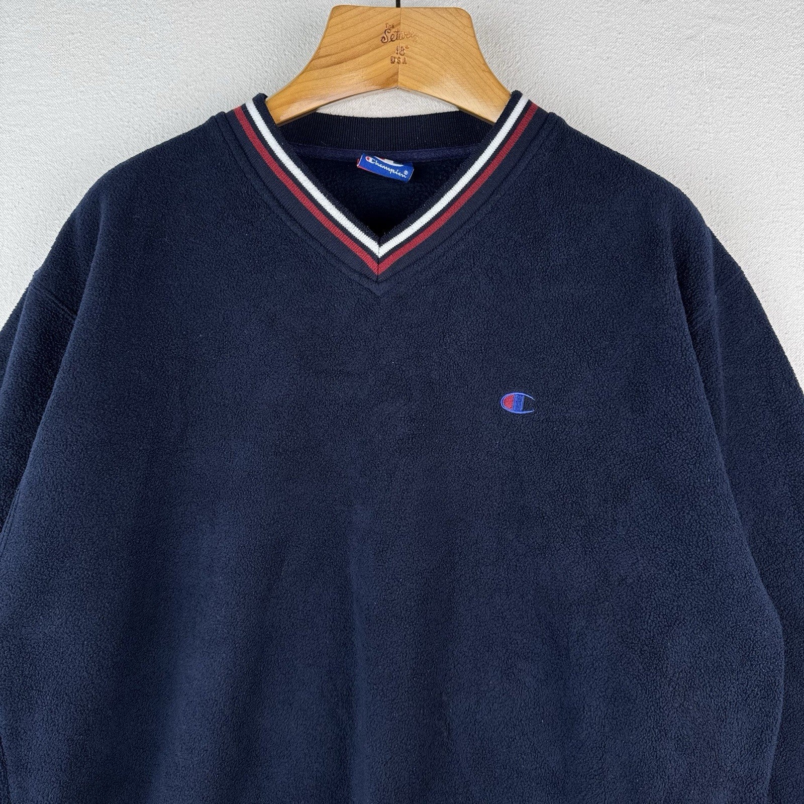 90’s Vtg Champion V-neck Fleece Sweatshirt Pullover Men’s Large Blue
