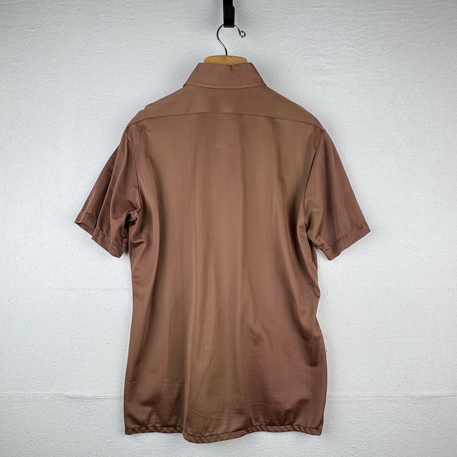70’s Vintage Bradford Mens Medium Brown Nylon Dagger Collar Shirt