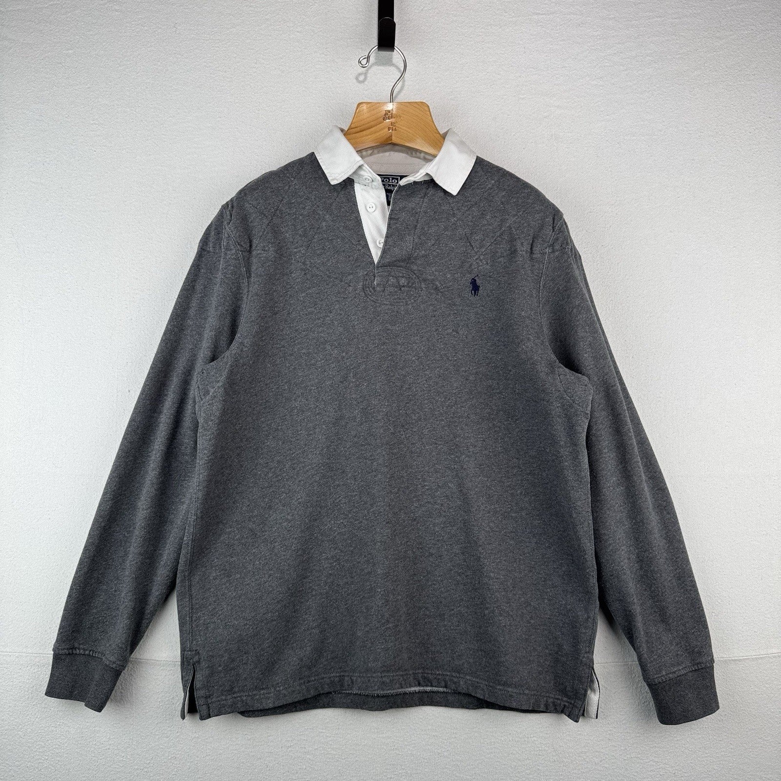 90s Vtg Polo Ralph Lauren Mens L Rugby Shirt Long Sleeve Padded Shoulders/Elbows