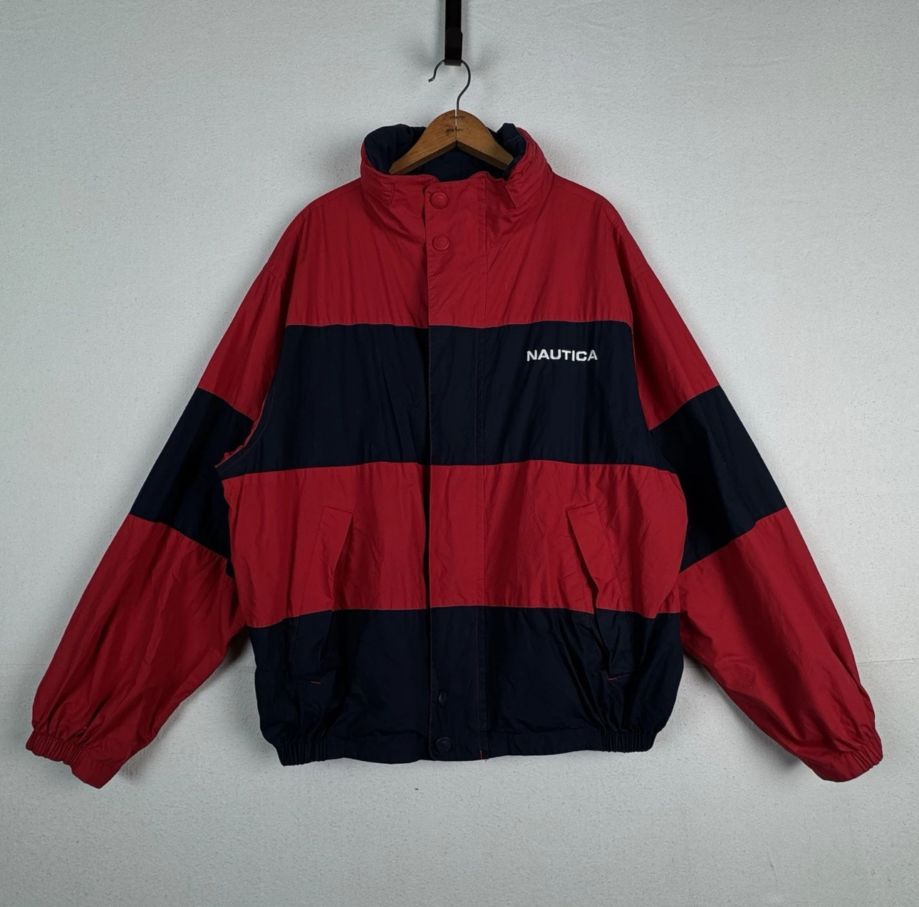 Vintage 90s Nautica Mens 2XL Red Blue Stripe Reversible Sailing Windbreaker Jacket