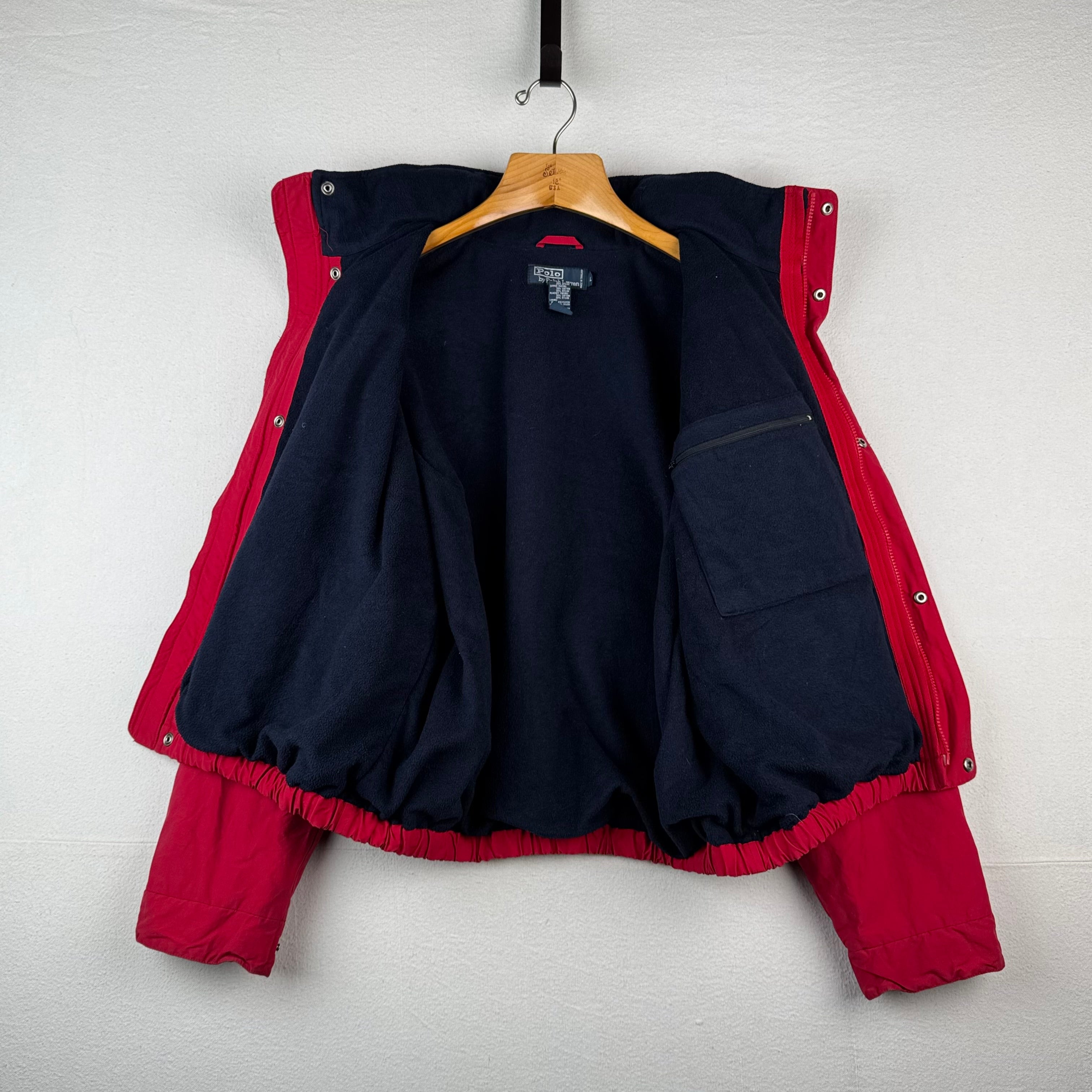 90’s Vtg Polo Ralph Lauren Jacket Men’s L Red A-2 Bomber Fleece Stowaway Hood